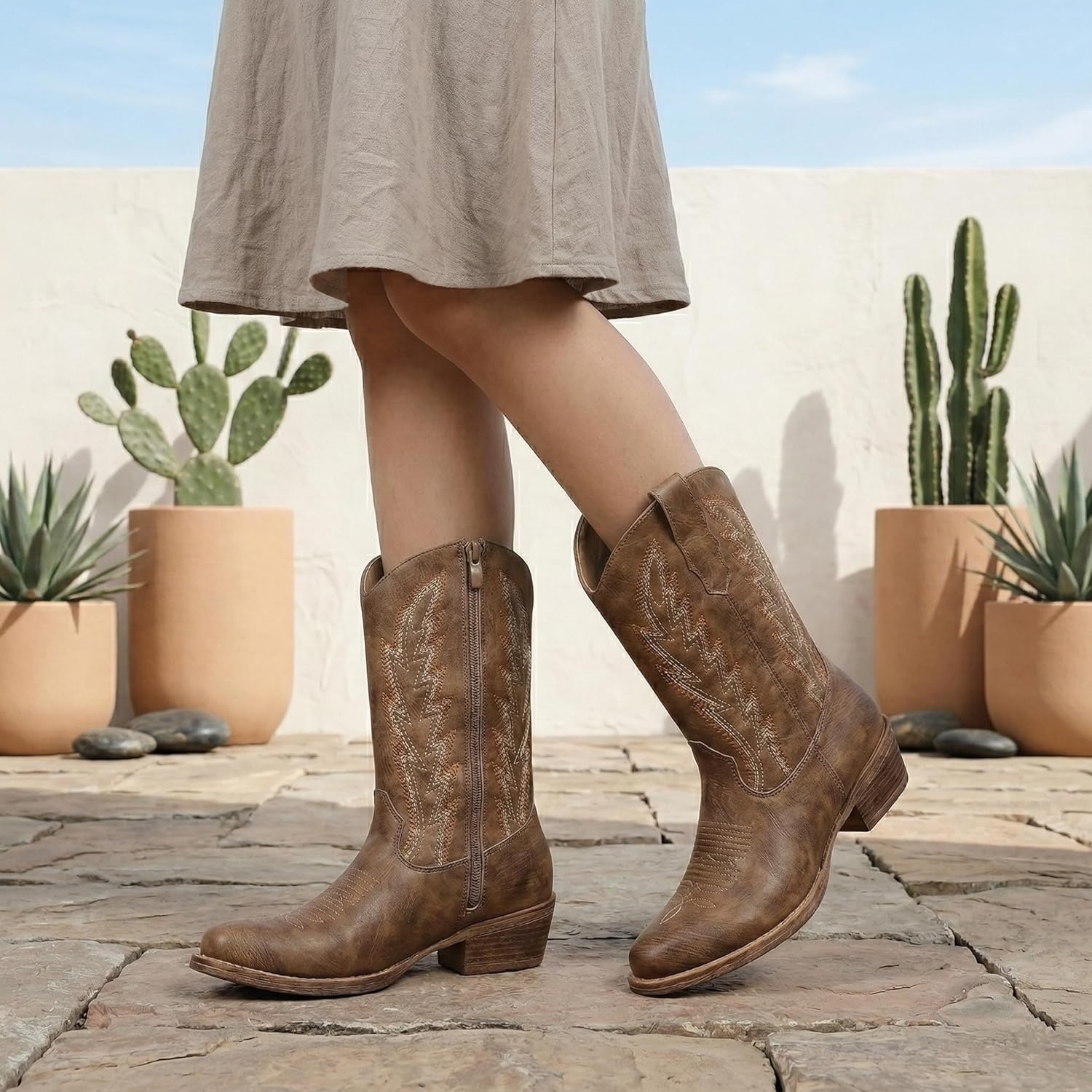 imageGLOBALWIN Womens Mid Calf The Western Cowgirl Boots Fashion Cowboy Boots For Women Chunky Low Heel25yy07 Camel