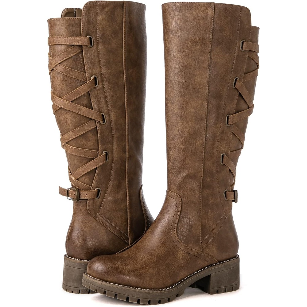 imageGLOBALWIN Womens Strappy Motorcycle Knee High Boots Riding Boots Back Lace Up Fall Winter Fashion Knee High Boots For Women22yy07 Camel