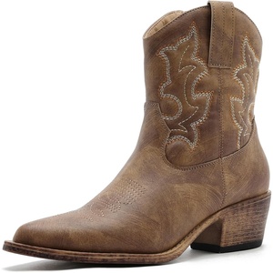 GLOBALWIN Cowboy Boots For Women Cute Cowgirl Boots Women’s Western Boots With Embroidery Side Zipper Chunky Heel(Camel2)