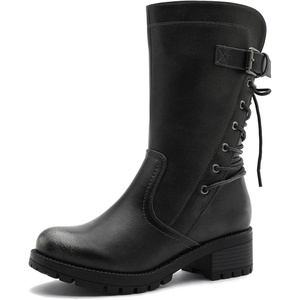 GLOBALWIN Women’s Biker Boots Lace up Back Mid Calf Motorcycle Fashion Festival Boots Combat Riding Military Boots for Women(19yy19 Brown2)