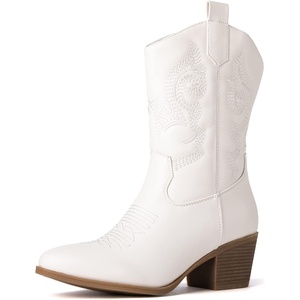 GLOBALWIN Women’s Mid Calf The Western Cowgirl Boots Fashion Cowboy Boots For Women Chunky Low Heel(19yy17 White)