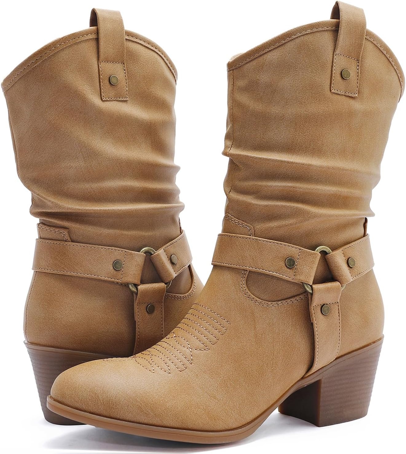 image:imageGLOBALWIN Womens Mid Calf The Western Cowgirl Boots Fashion Cowboy Boots For Women Chunky Low Heel19yy17 Khaki