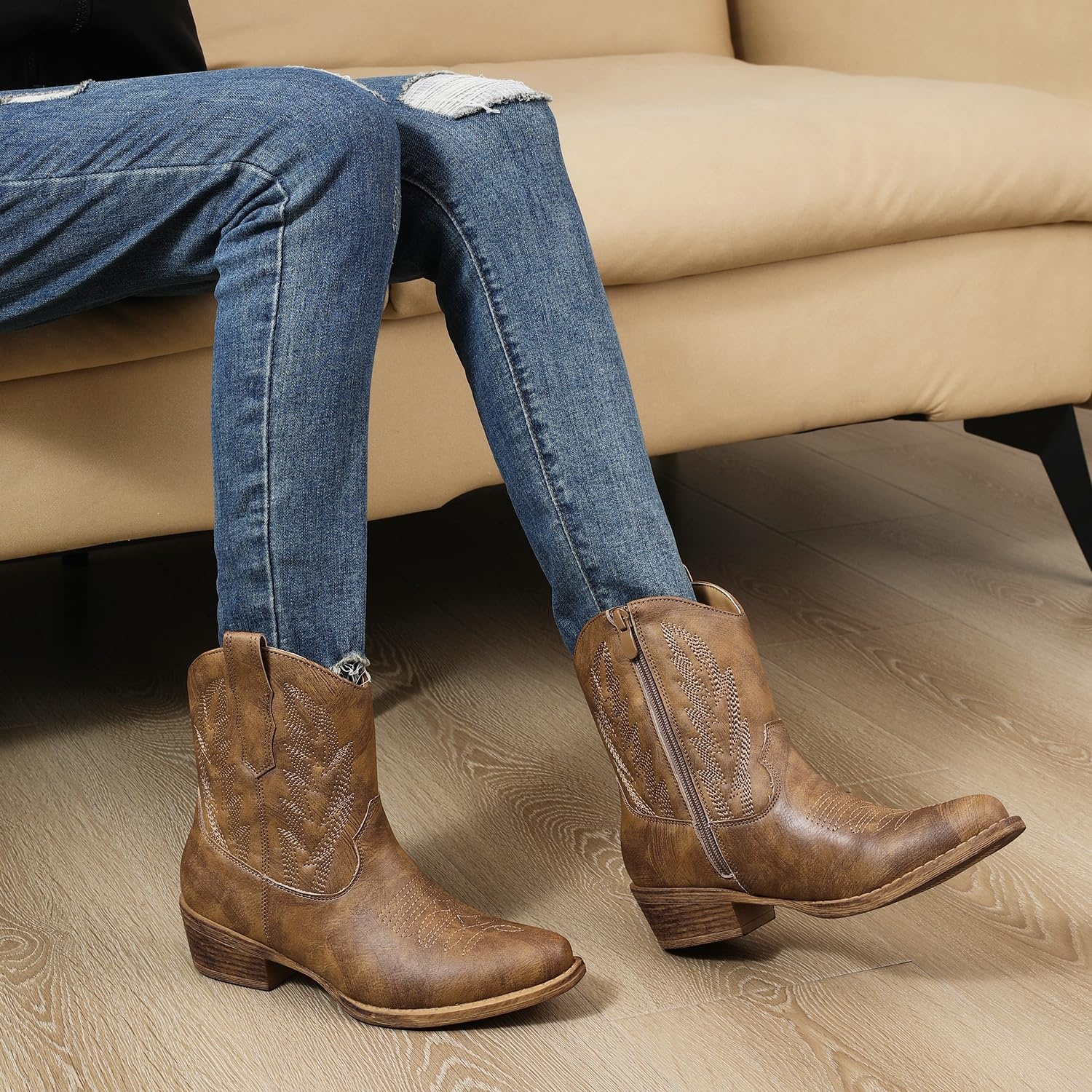 image:imageGLOBALWIN Womens Western Charm Cowgirl Boots Mid Calf Comfy Cowboy Boots For Women With Pointed Toe25yy06 Camel 2