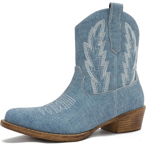 GLOBALWIN Women’s Western Charm Cowgirl Boots Mid Calf Comfy Cowboy Boots For Women With Pointed Toe(25yy06 Denim Blue)