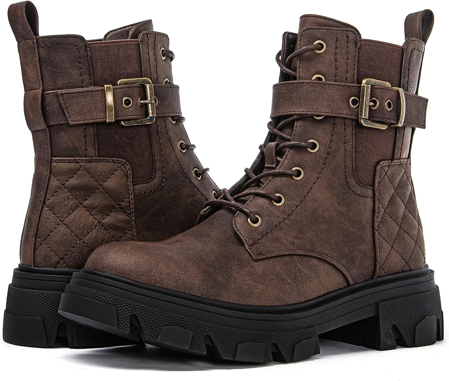 image:imageGLOBALWIN Womens Combat Boots Lace Up Ankle Booties Comfortable Lug Sole Boots For Women Chunky Low Heel21yy28 Brown