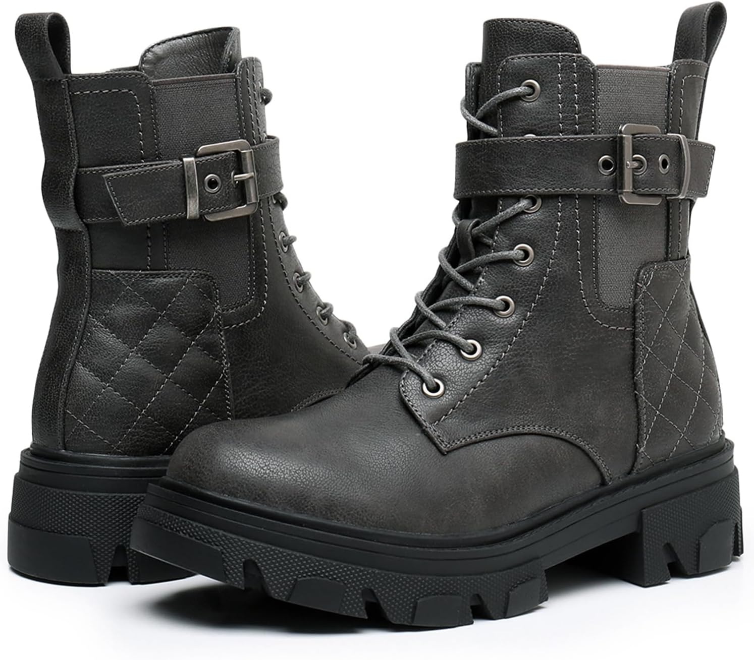 image:imageGLOBALWIN Womens Combat Boots Lace Up Ankle Booties Comfortable Lug Sole Boots For Women Chunky Low Heel21yy28 Grey