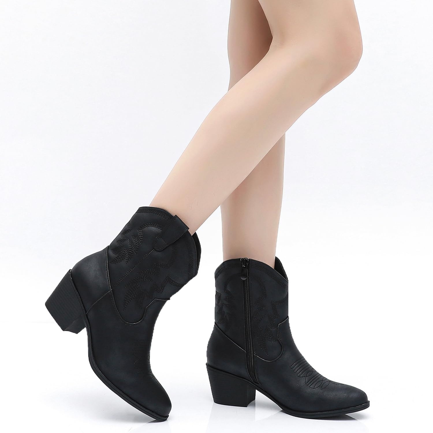 image:imageGLOBALWIN Womens Cowgirl Boots Ankle Brown Cowboy Boots With Embroidered Stitching Low Heel Comfortable Western Boots For Country Outfits22yy10 Black2
