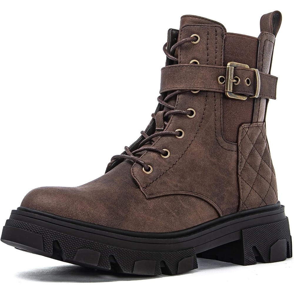 image:imageGLOBALWIN Womens Combat Boots Lace Up Ankle Booties Comfortable Lug Sole Boots For Women Chunky Low Heel21yy28 Brown