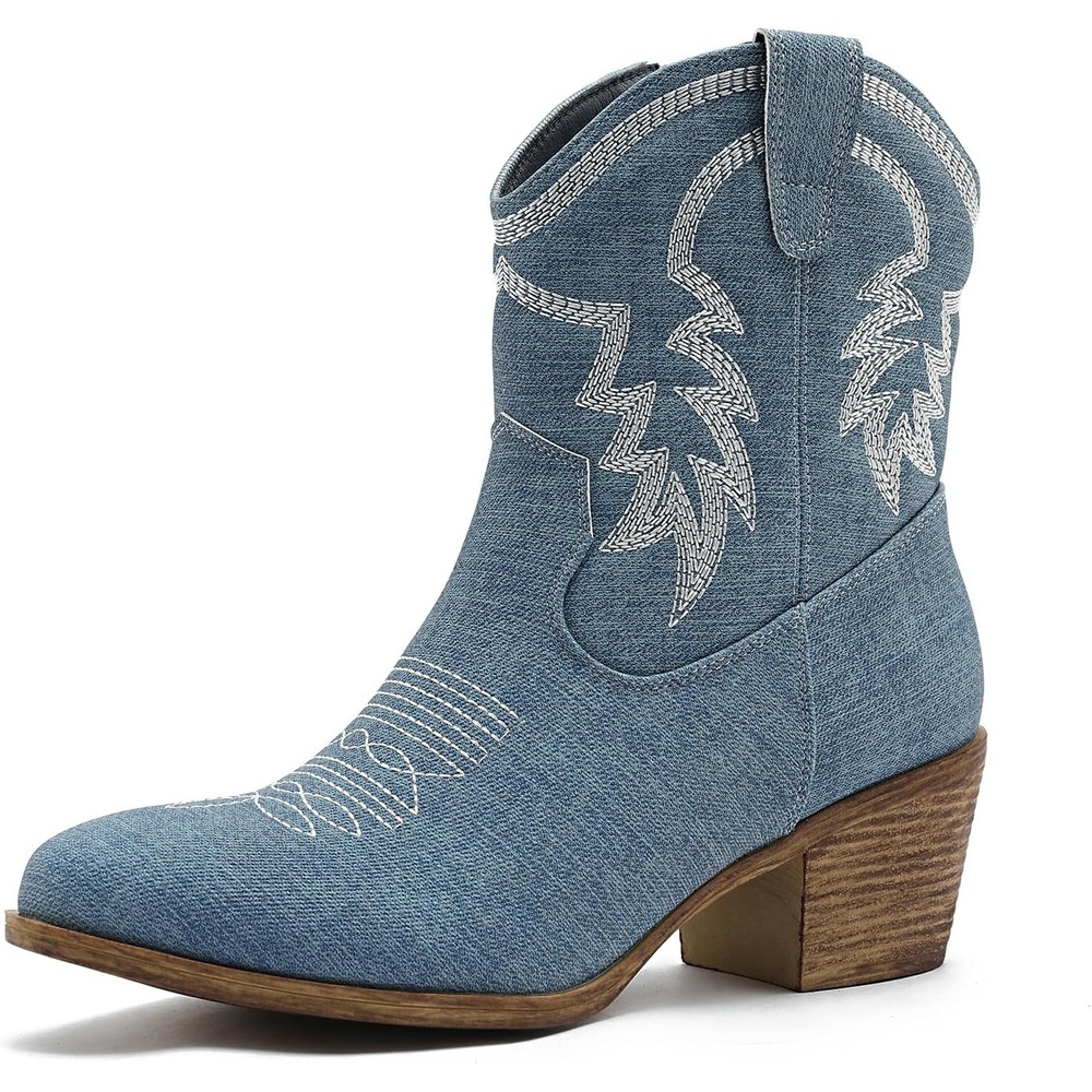 image:imageGLOBALWIN Womens Cowgirl Boots Ankle Brown Cowboy Boots With Embroidered Stitching Low Heel Comfortable Western Boots For Country Outfits22yy10 Denim Blue