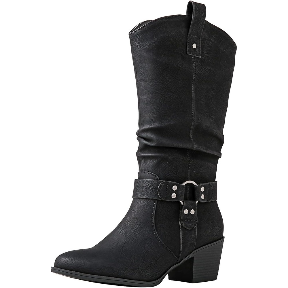 image:imageGLOBALWIN Womens Knee High Cowboy Boots Minimalist Western Round Toe Cowgirl Boots with Comfortable Block Heel Plain Sleek Design Tall Dress Boots for Women19yy21 Black