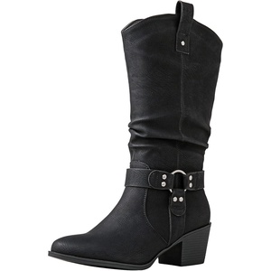 GLOBALWIN Women’s Knee High Cowboy Boots – Minimalist Western Round Toe Cowgirl Boots with Comfortable Block Heel, Plain Sleek Design, Tall Dress Boots for Women(19yy21 Black)