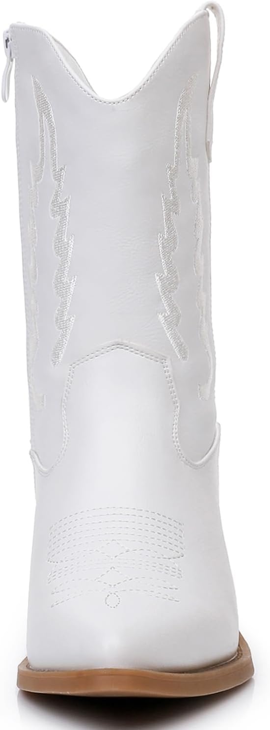 image:imageGLOBALWIN Womens Square Toe Cowgirl Boots Classic MidCalf Cowboy Boots With Embroidered Stitching Low Heel Comfortable Western Boots For Country Outfits23yy09 White
