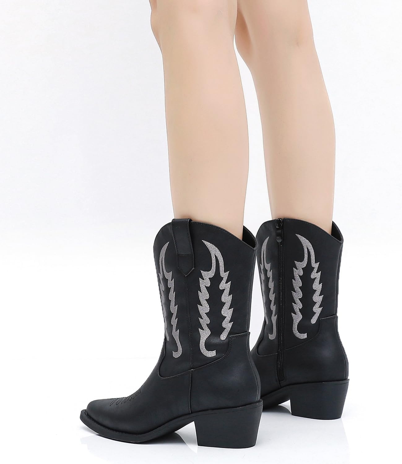 image:imageGLOBALWIN Womens Square Toe Cowgirl Boots Classic MidCalf Cowboy Boots With Embroidered Stitching Low Heel Comfortable Western Boots For Country Outfits23yy09 Black3