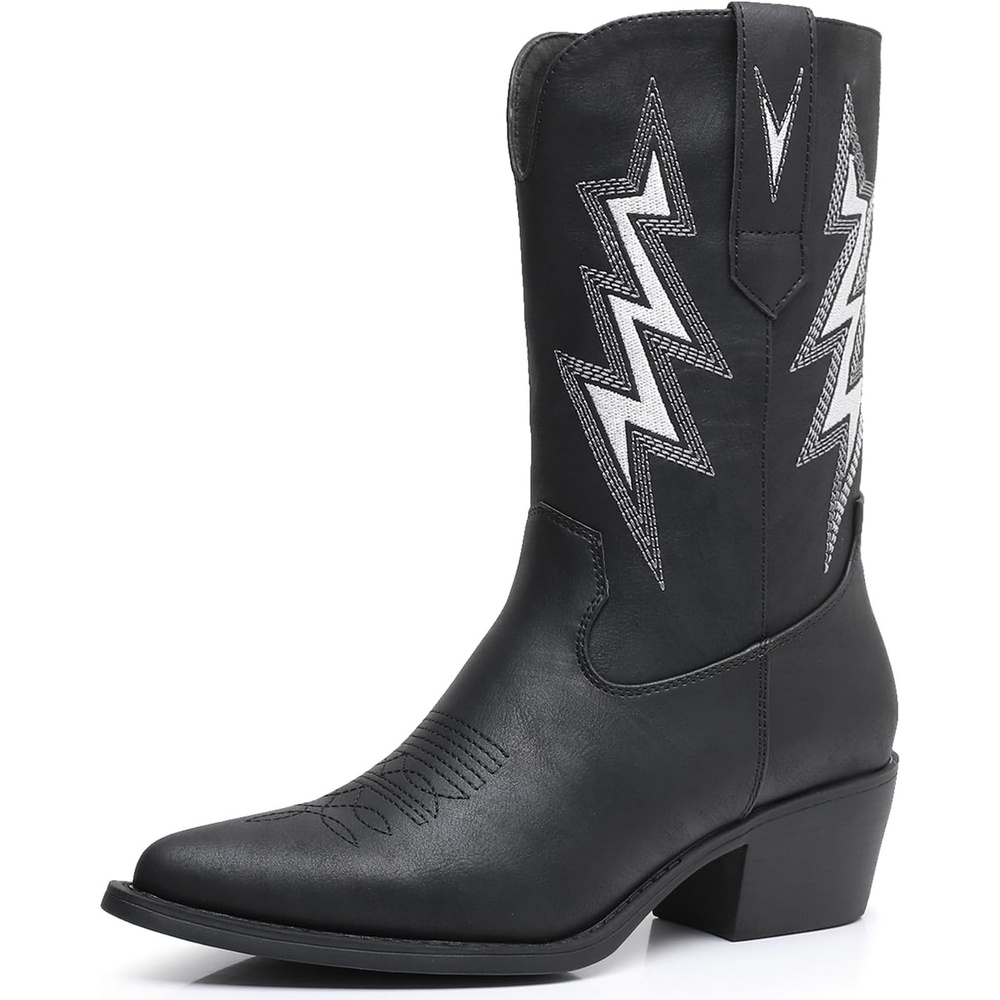 image:imageGLOBALWIN Womens Square Toe Cowgirl Boots Classic MidCalf Cowboy Boots With Embroidered Stitching Low Heel Comfortable Western Boots For Country Outfits23yy10 Black