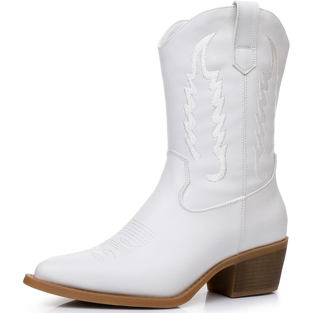 image:imageGLOBALWIN Womens Square Toe Cowgirl Boots Classic MidCalf Cowboy Boots With Embroidered Stitching Low Heel Comfortable Western Boots For Country Outfits23yy09 White