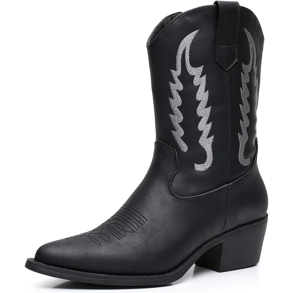 image:imageGLOBALWIN Womens Square Toe Cowgirl Boots Classic MidCalf Cowboy Boots With Embroidered Stitching Low Heel Comfortable Western Boots For Country Outfits23yy09 Black3