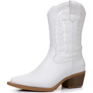 GLOBALWIN Women’s Square Toe Cowgirl Boots Classic Mid-Calf Cowboy Boots With Embroidered Stitching Low Heel Comfortable Western Boots For Country Outfits(23yy09 White)