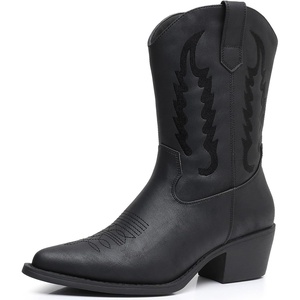 GLOBALWIN Women’s Square Toe Cowgirl Boots Classic Mid-Calf Cowboy Boots With Embroidered Stitching Low Heel Comfortable Western Boots For Country Outfits(23yy09 Black2)
