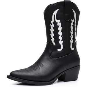 GLOBALWIN Women’s Square Toe Cowgirl Boots Classic Mid-Calf Cowboy Boots With Embroidered Stitching Low Heel Comfortable Western Boots For Country Outfits(23yy09 Black1)