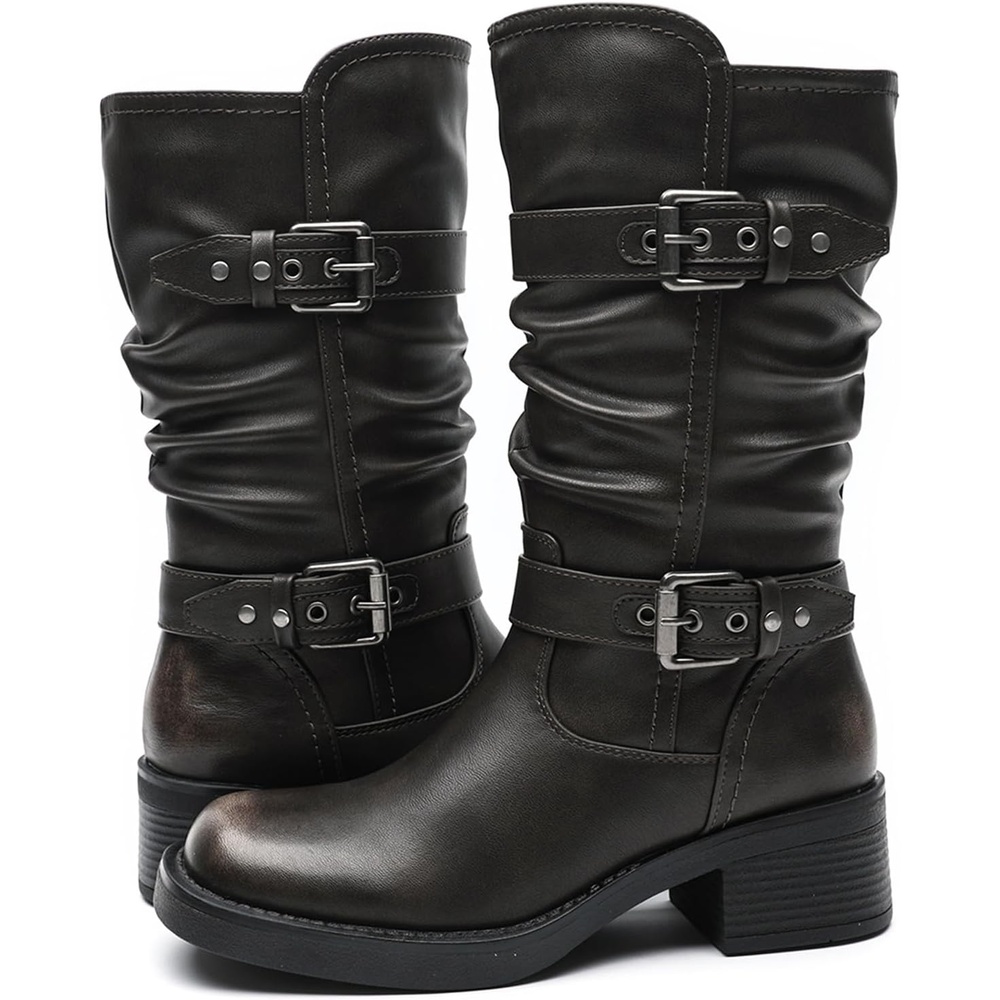image:imageGLOBALWIN Womens Motorcycle Boots Fall Fashion Mid Calf Boots For Women Square Toe Low Heel24yy01 Brown