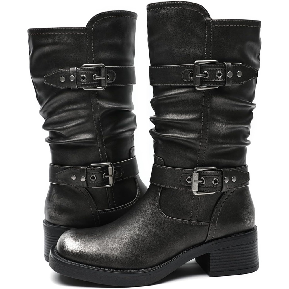 image:imageGLOBALWIN Womens Motorcycle Boots Fall Fashion Mid Calf Boots For Women Square Toe Low Heel24yy01 Silver