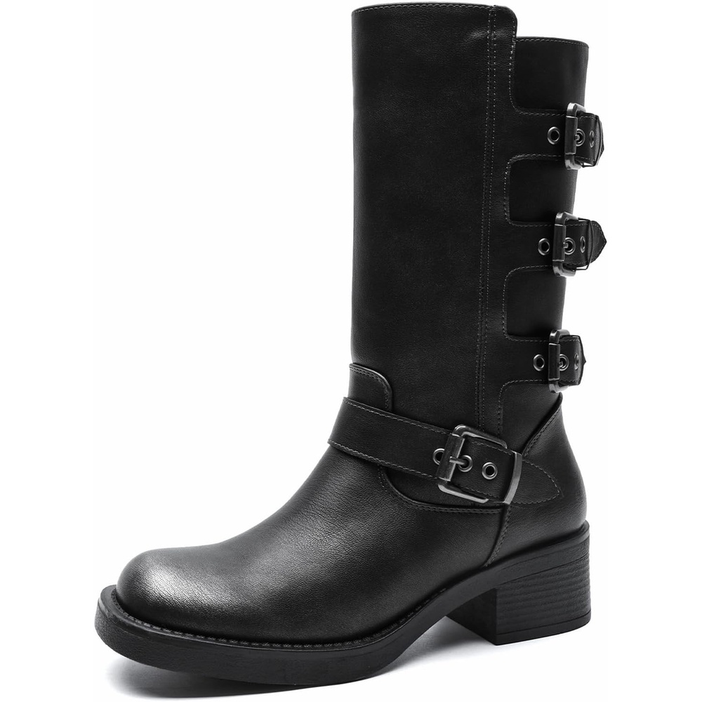 image:imageGLOBALWIN Womens Motorcycle Boots Fall Fashion Mid Calf Boots For Women Square Toe Low Heel24yy02 Distressed Silver