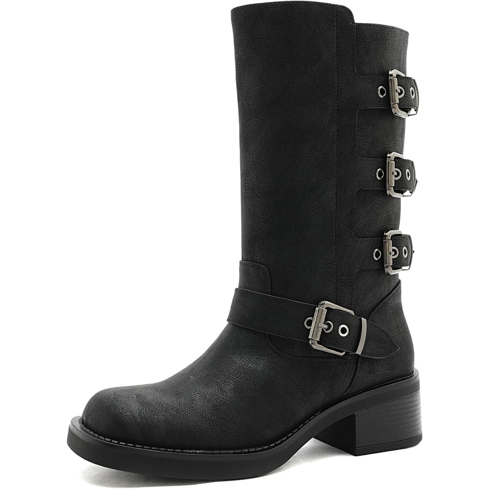 image:imageGLOBALWIN Womens Motorcycle Boots Fall Fashion Mid Calf Boots For Women Square Toe Low HeelBlack