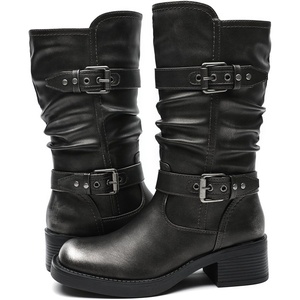 GLOBALWIN Women’s Motorcycle Boots Fall Fashion Mid Calf Boots For Women Square Toe Low Heel(24yy01 Silver)