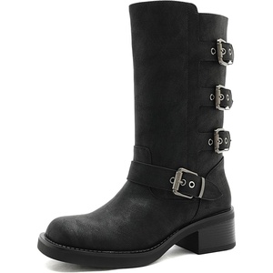 GLOBALWIN Women’s Motorcycle Boots Fall Fashion Mid Calf Boots For Women Square Toe Low Heel(Black)